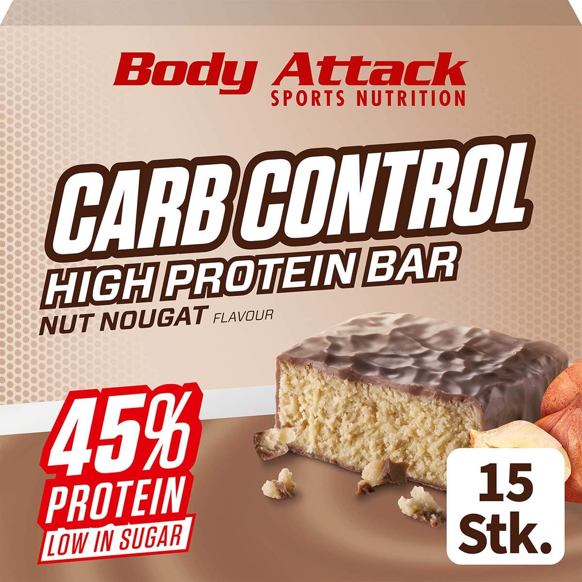 Body Attack Nut-Nougat 100g Carb Control Protein Bar - Pack of 15 Bars