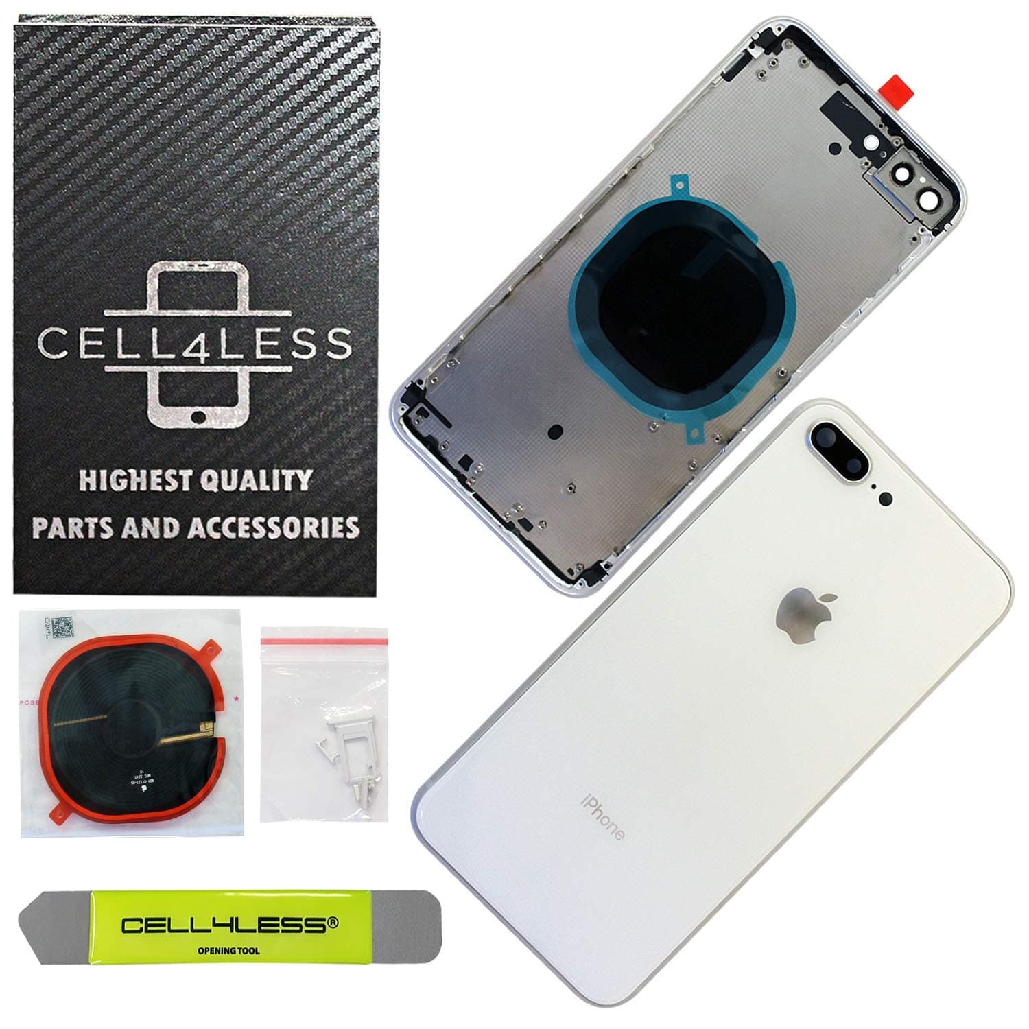 CELL4LESS Back Housing Assembly Metal Frame w/Back Glass - Wireless Charging pad - Sim Card Tray and Camera Frame w/Lens Compatible Only with iPhone 8 Plus (Silver)