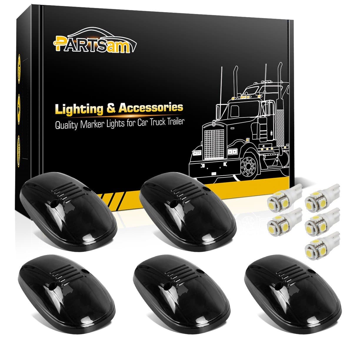 Partsam 5X Smoke Lens Cab Marker Light 264145BK Assembly+ 5X White T10 LED Bulbs Compatible with Dodge Ram 2500 3500 1999 2000 2001 2002
