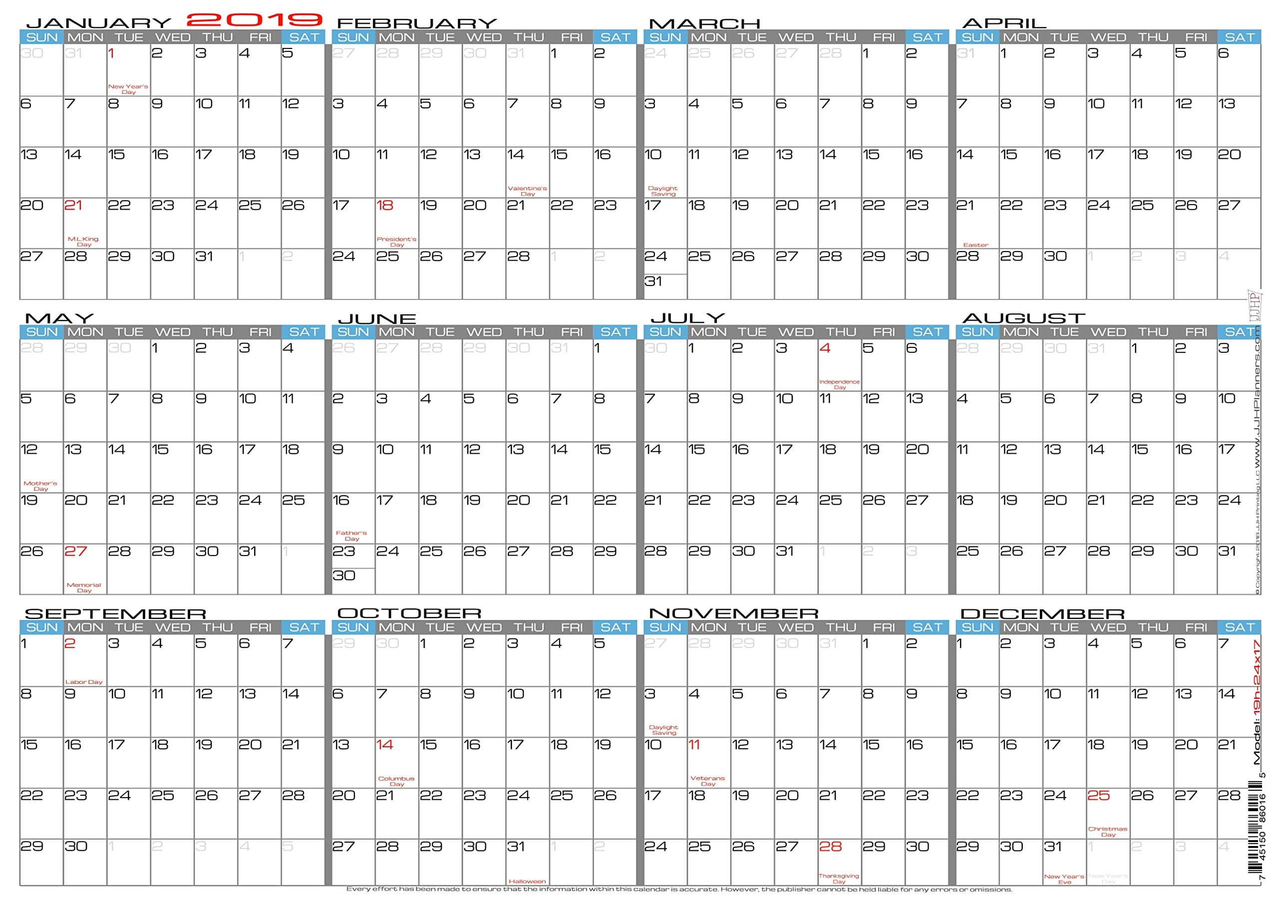 JJH Planners - Laminated - 24" X 17" Medium 2019 Erasable Wall Calendar - Horizontal 12 Month Yearly Annual Planner (19h-24x17)