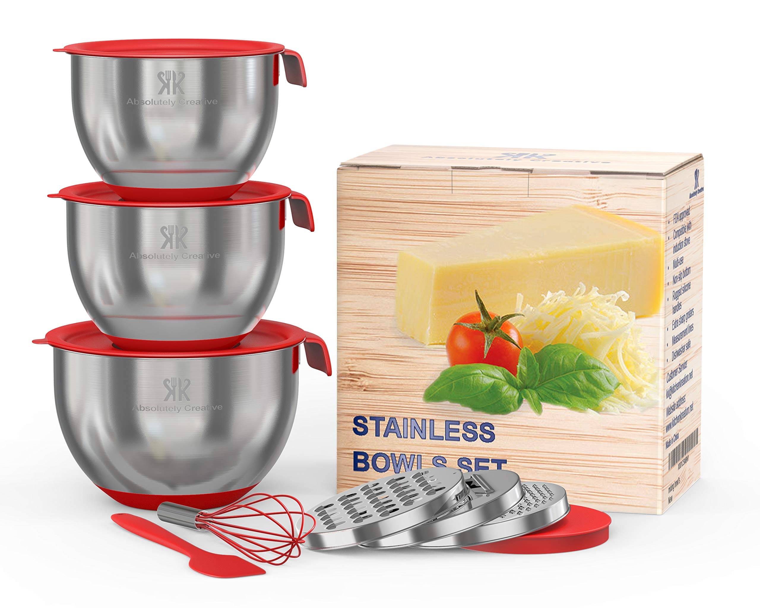 LUXURY SET for Smart Chefs,3 Premium Thick Grade STAINLESS STEEL MIXING BOWLS With Airtight Lids For Healthy Meal,Non-Slip Surface,3 Assorted Grater Attachments,Stackable For Minimal Storage&Gift Pack
