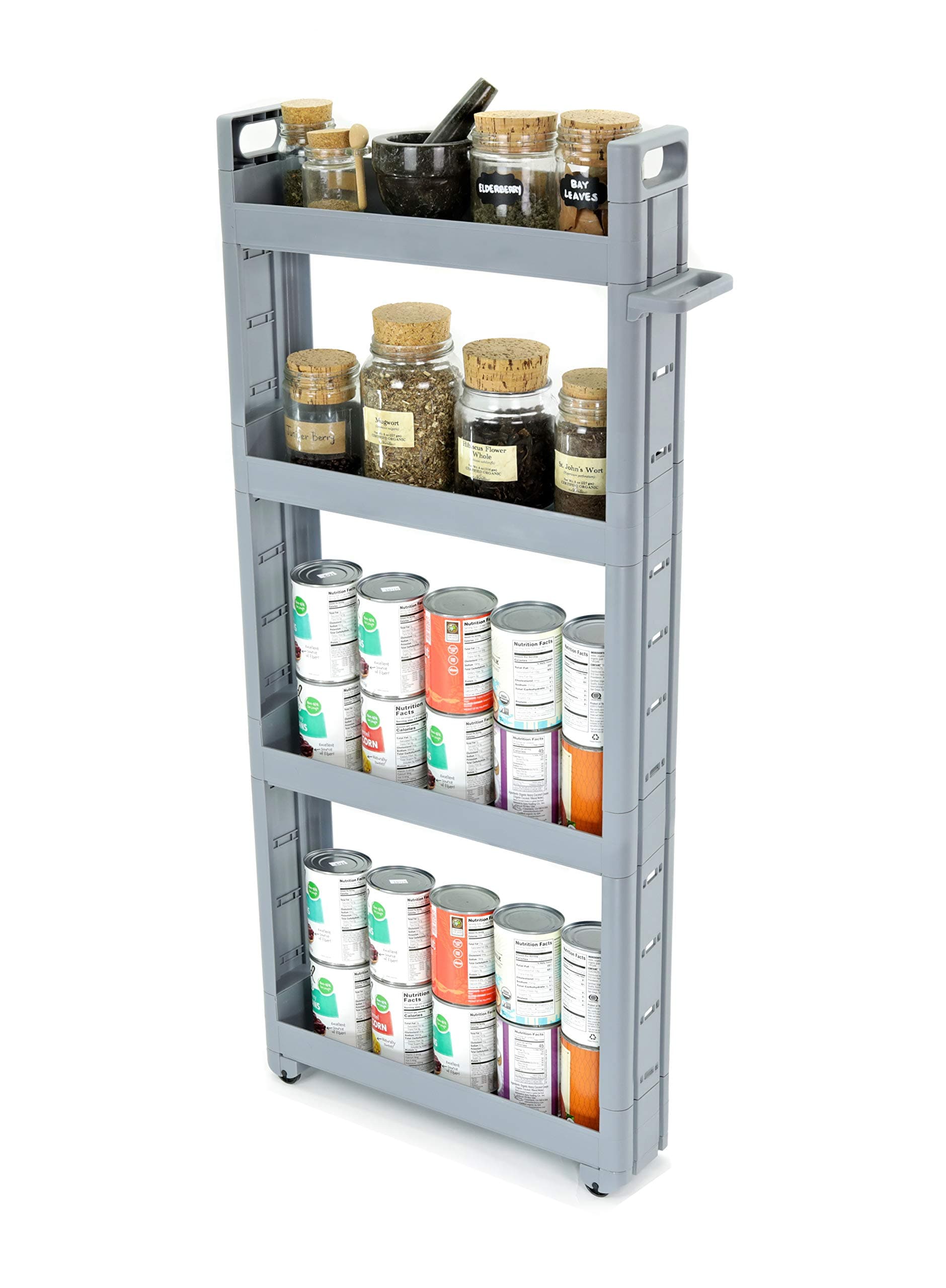 Adorn Home Essentials 4-Tier Narrow, Storage cart Pull-Out, Slide – Out Mobile Commodity Shelf, Rack Organizer Unit on Wheels | Plastic | Grey
