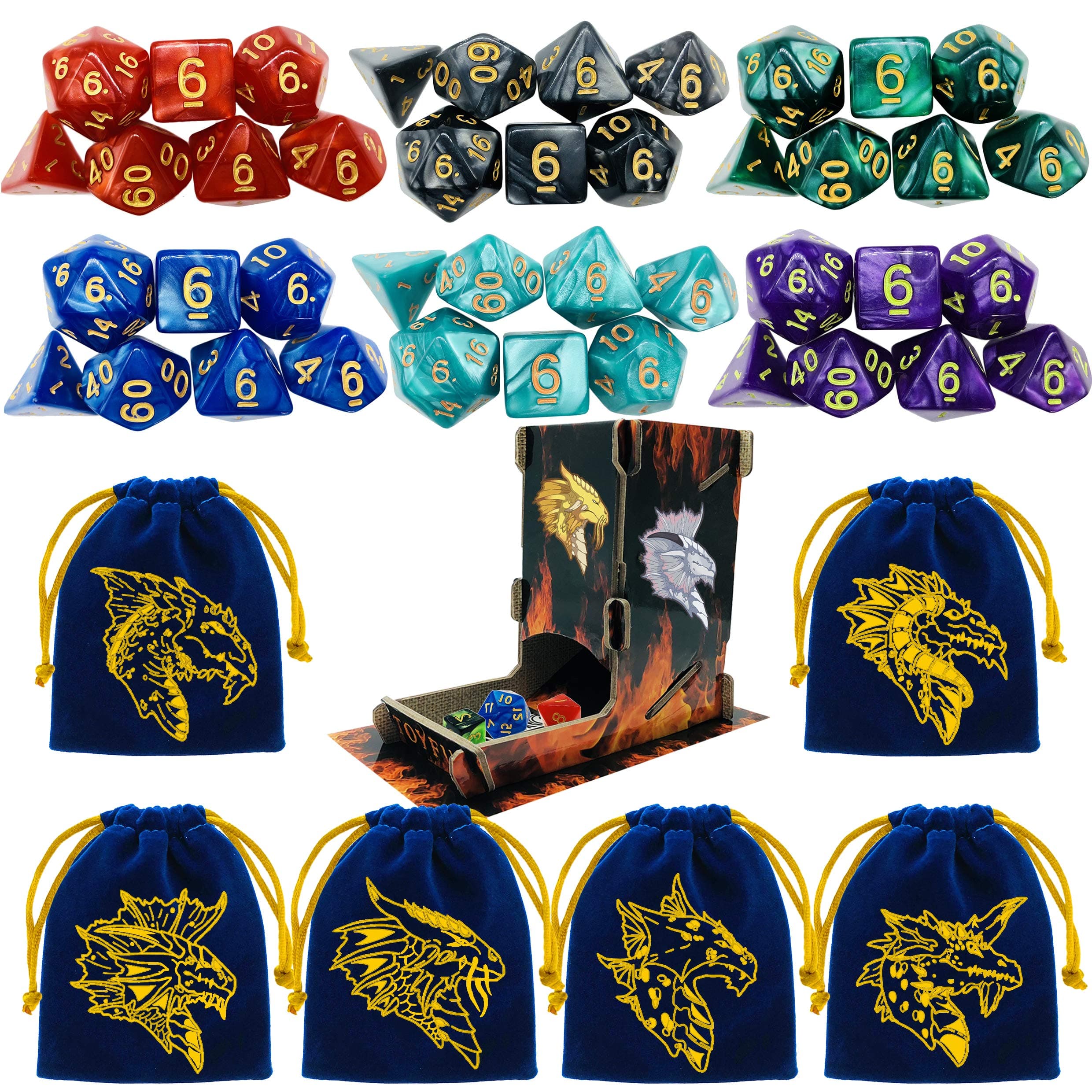 TOYFUL 6 Sets DND Dice Polyhedral Dungeons and Dragons DND RPG MTG Table Game Dice Bulk with Free Six Drawstring Bags and D&D Dice Tower Blue