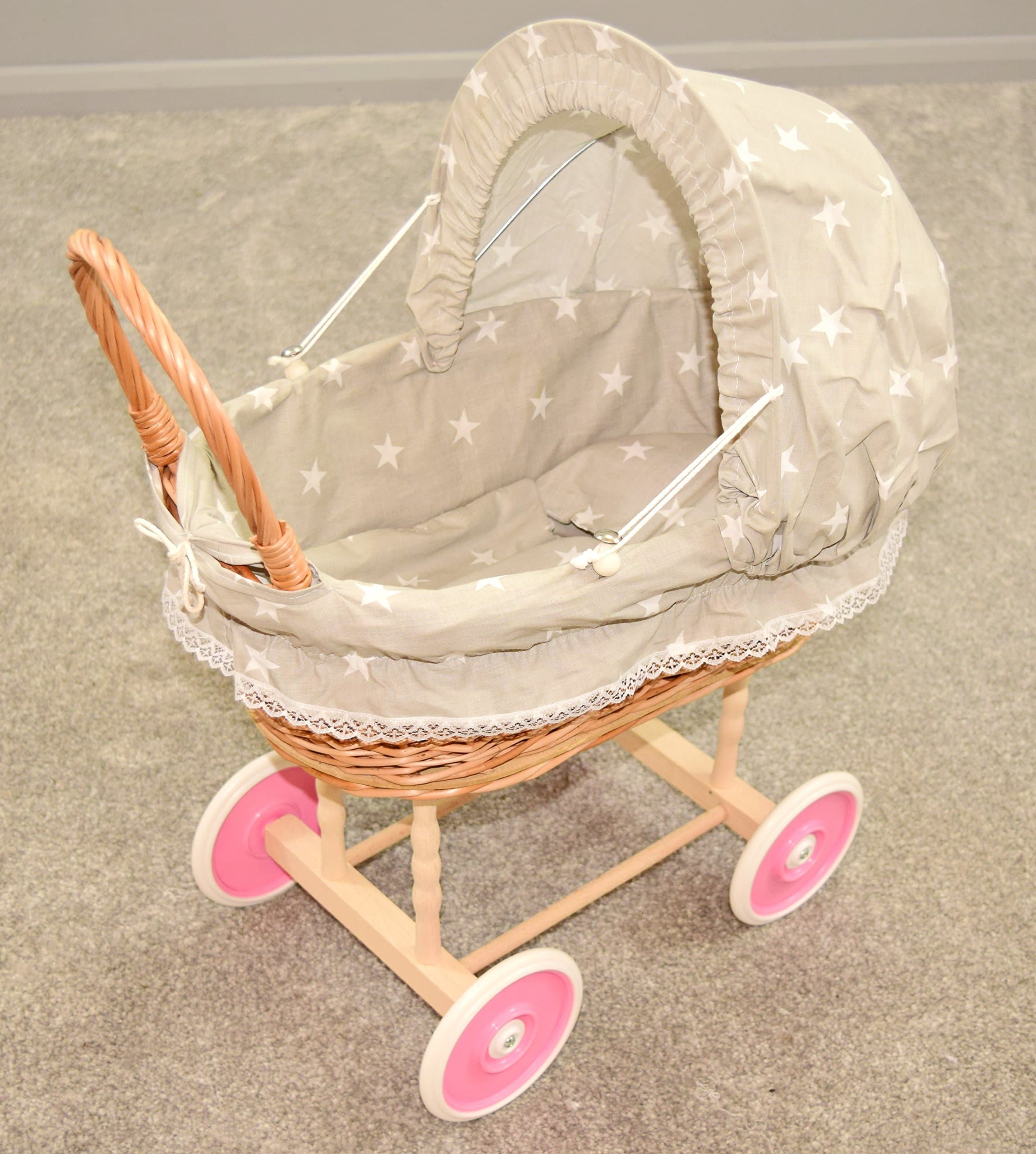 Doll Wicker Buggy/Pram / Dolls Buggy/Pram/ Stroller/toy (Grey Stars)