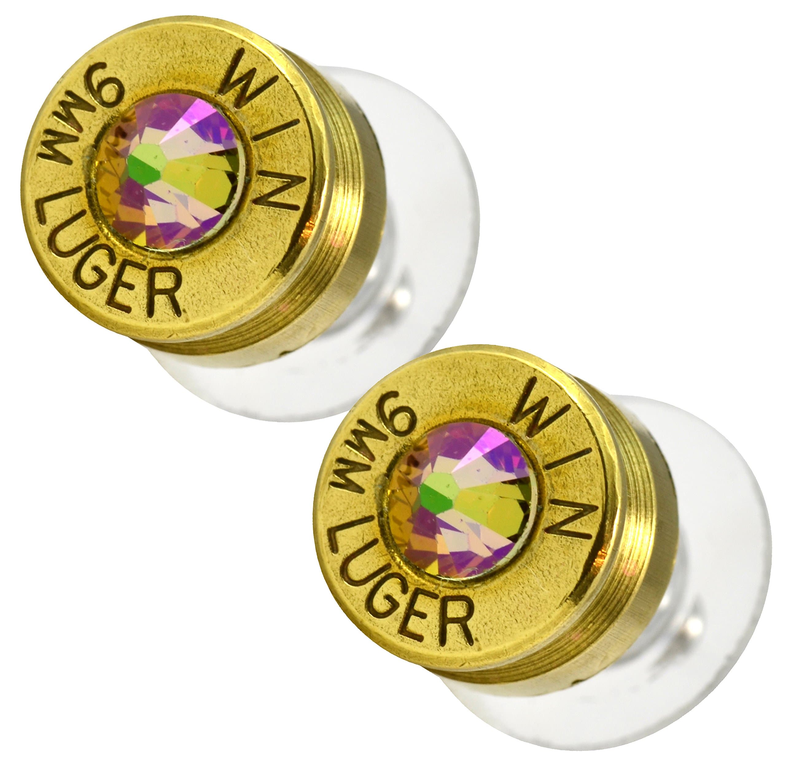LoriDavidson Designer Brass 9mm Bullet Shell Crystal Stud Earrings