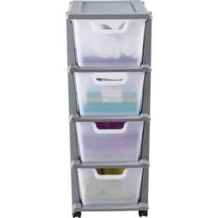 Keter 4 Drawer Tower Storage Unit - Silver, Mounted on wheels for easy manoeuvrability, Size H86, W32, D38cm.