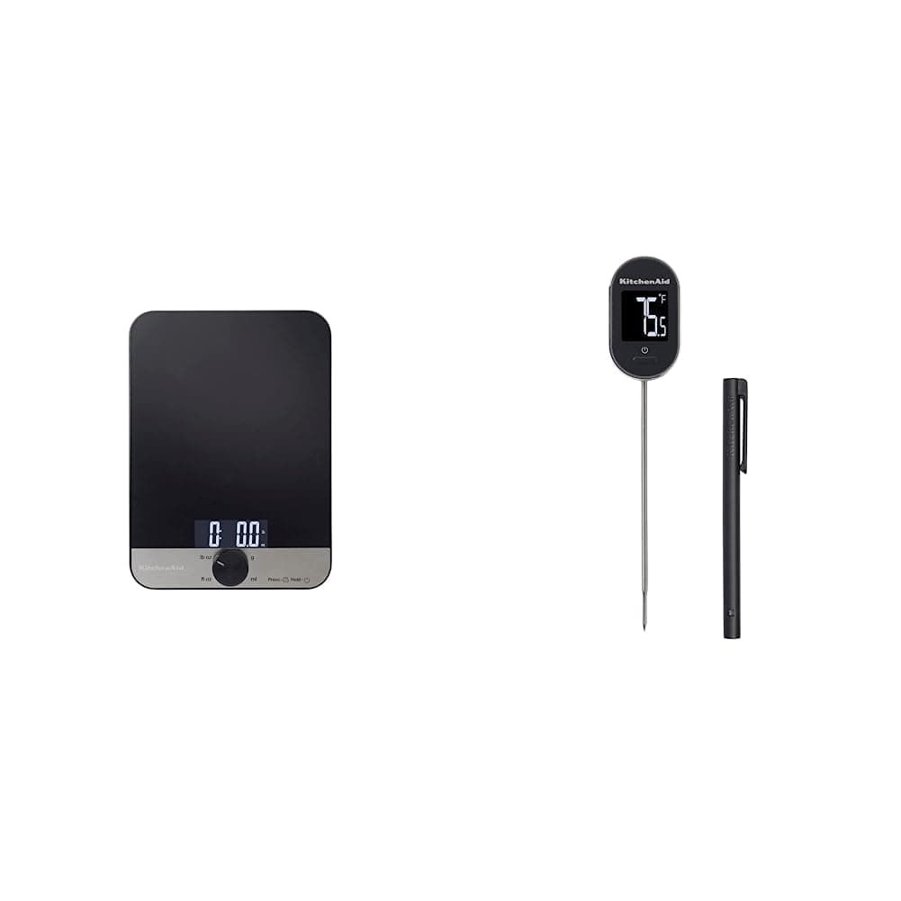 2pc Digital Kitchen Tool Set, Digital Glass Top Kitchen Weighing Scales & Pivoting Instant Read Digital Thermometer