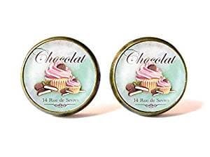 Cupcakes stud Earrings,Cakes Image Ear Studs,Glass Cabochon Earrings,Art Picture,