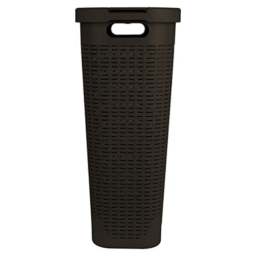 Mind Reader 40L Slim Laundry Hamper, Clothes Basket, Lid, Wicker Design, Plastic, 18"L x 10.4"W x 23.5"H, Brown