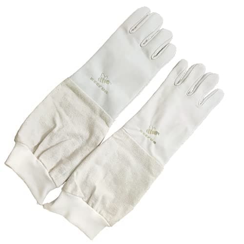 Beekeeping Gloves - Beefun Bee Protective Leather GLoves with Long Canvas Sleeve for Beekeepers, White Color, Palm circumference 9" (L)