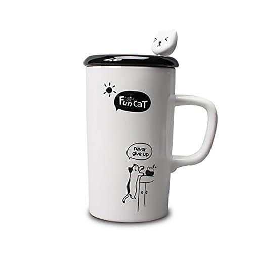 MOCER Cute Fun Cat Style Ceramic Mugs with Lid & Spoon Cartoon Creative Moring Mug Milk Coffee Tea Unique Porcelain Mugs 350ml SH209C,D,600ml