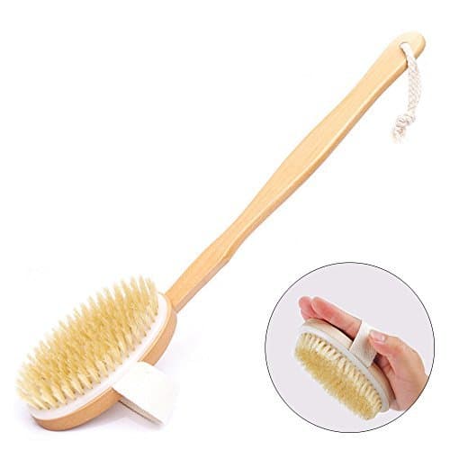 Arswin Wooden Back Scrubber, Long Handle Back Washer with Detachable Head, Natural Boar Bristles Body Bath Brush for Cellulite and Exfoliating, Bathing Shower Wet or Dry Brushing for Men and Women