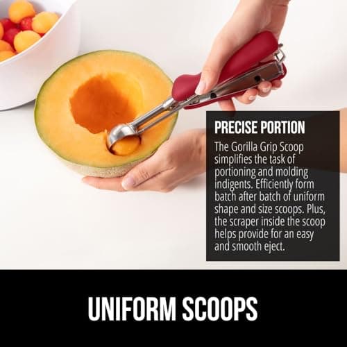 Gorilla Grip Premium Cookie, Fruit and Ice Cream Spring-Loaded Scoop, 2 TBSP Medium Capacity, Comfortable Scooper Handle for Easy Squeeze, Durable Stainless Steel, Uniform Portions Every Time, Red