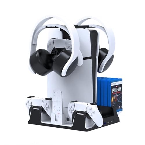 PS5 Vertical Stand with Cooling Fan and Dual Controller Charger Station for Playstation 5 PS5 Console,JOYTORN PS5 Charging Dock Station with Headset Hooker,13 Game Rack Storage, Media Remote Organizer