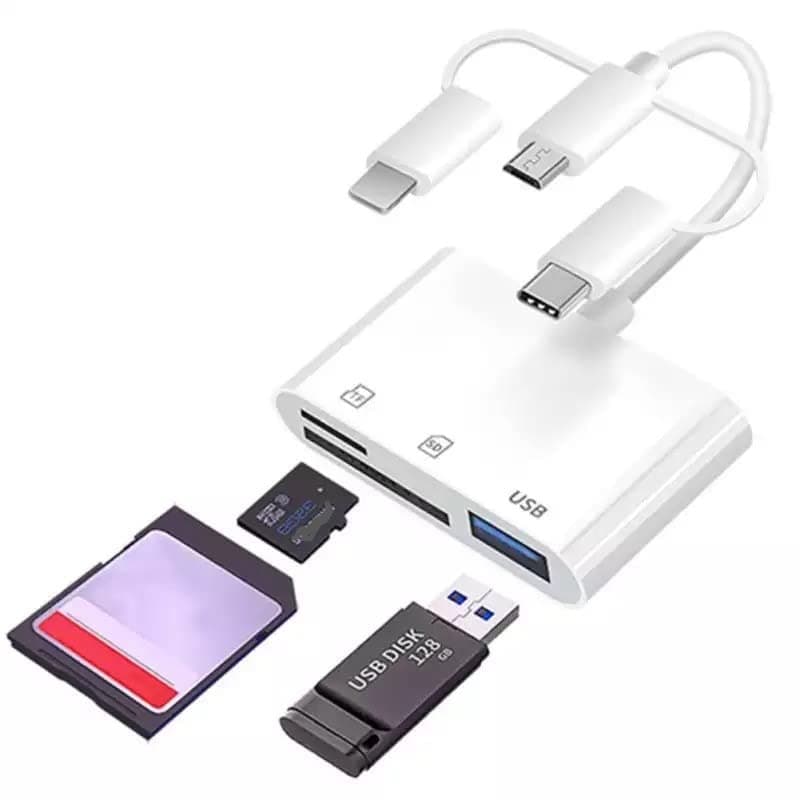 3 in 1 Universal Portable OTG Micro SD TF USB Multiple Memory Card Reader Adapter with USB, Lightng, Micro, Type C ports Card/USB Reader for iOS, Android, Samsung, Tablet, Phone, Pad, McBook, Keyboard
