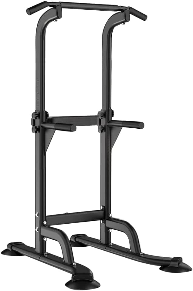 Power Tower Pull Up Bar and Dip Station, Height Adjustable Dip Stand Exercise Machine for Home Gym, Multi-Functional Free Standing Strength Training Fitness Workout Station, Black