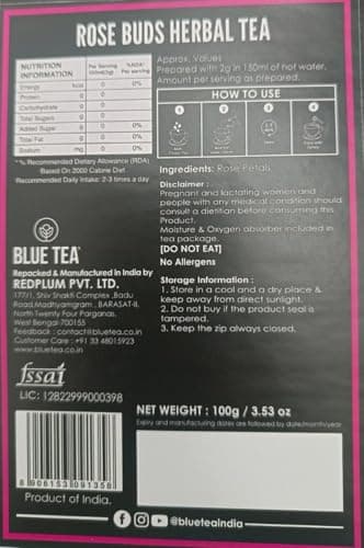 BLUE TEA - Rose Buds Tea - 3.52 Oz (100 Cups) Loose | Rich in Vitamin-C - For Hair & Skin | Flower Based - Herbal Tea - Vegan - Non-GMO - Non Bitter | Zipper Pack