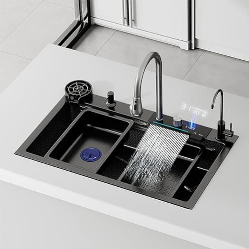 Stainless Steel Kitchen Sink with LED Display, Waterfall Design, Easy Installation, Includes Accessories, Installation Video (75 x 45 x 22 cm)