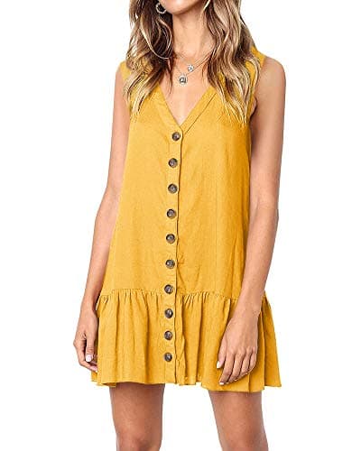 Womens Polka Dot V Neck Button Down Ruffles Loose Mini Short T-Shirt Dress