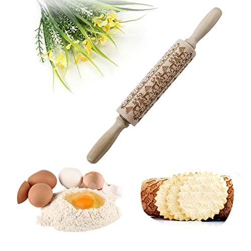 Christmas Rolling Pin Kitchen Tool, Wooden Rolling Pins Engraved Embossing Rolling Pin with Christmas Symbols for Baking Cookies(elk)