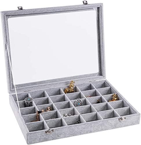 Stackable Jewelry Velvet Tray Storage Organizer Display Box with Lid,Lockable Felt Earring Ring Storage Organizer Box Holder Gifts for Girls Women (30 Grid Tray)
