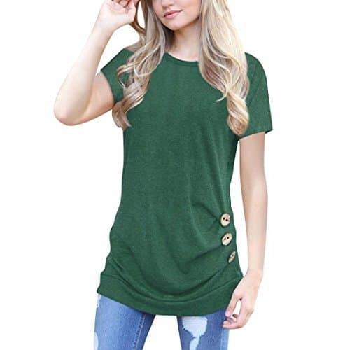 Women Loose Button Trim Blouse Ruched Top Solid Long Sleeve Round Neck Tunic T-Shirt (M, Green)
