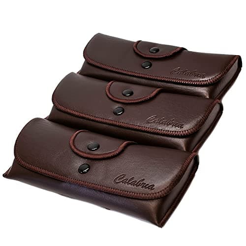 Calabria Double Snap Belt Loop Eyeglass Case PU Leather Brown 3Pack Old School Eye Glasses Pouch Semi-Hard Sunglass Holder