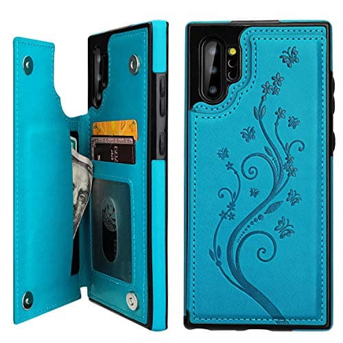 Vaburs Note 10 Plus Case Wallet with Card Holder, Embossed Butterfly Premium PU Leather Double Magnetic Buttons Flip Shockproof Protective Case for Samsung Galaxy Note 10 Plus(Blue)