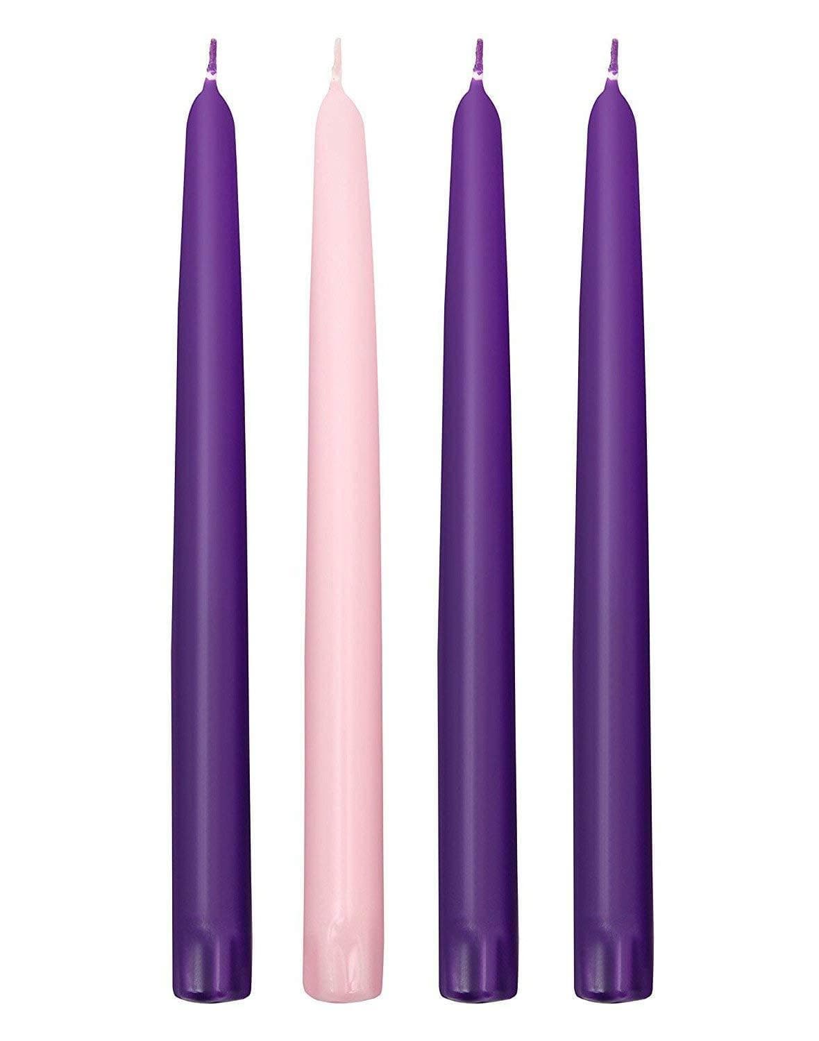 Advent Candle Set. Self Fitting End. Premium Hand Dipped Candles, Dripless, 4 pack - 3 purple, 1 pink