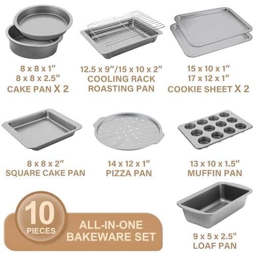 HONGBAKE Bakeware Sets, Baking Pans Set, Nonstick Oven Pan for Kitchen with Wider Grips, 10-Pieces Including Rack, Cookie Sheet, Cake Pans, Loaf Pan, Muffin Pan, Pizza Pan - Sliver