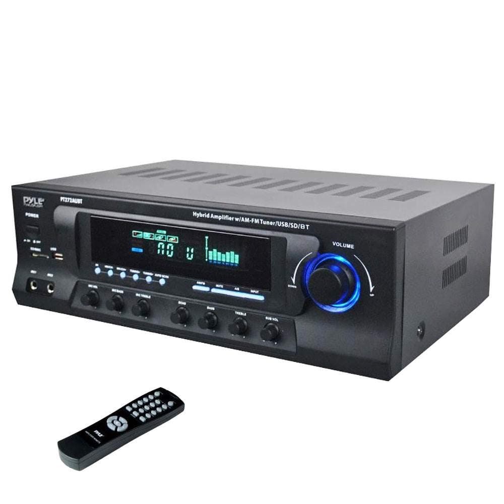 Home Stereo Amplifier with Bluetooth - 300 Watt Max 4 Channel Stereo Receiver with Easy Karaoke - Dual Mic In with EQ and Echo, USB-A and SD Card In, RCA In, RCA Out, LED Display - PT272AUBT