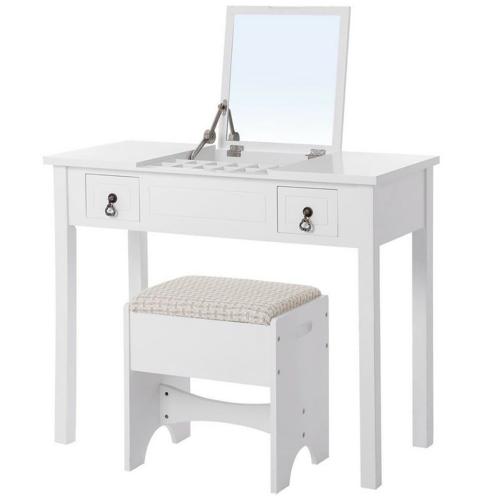 Vanity Makeup Table Set for Women White Modern with Flip Top Mirror Cushioned Stool Nightstand Bedroom Girls Ladies Glam Vanity Desk Set Cute Contemporary Beauty Cosmetic Mirrored & eBook by NAKSHOP
