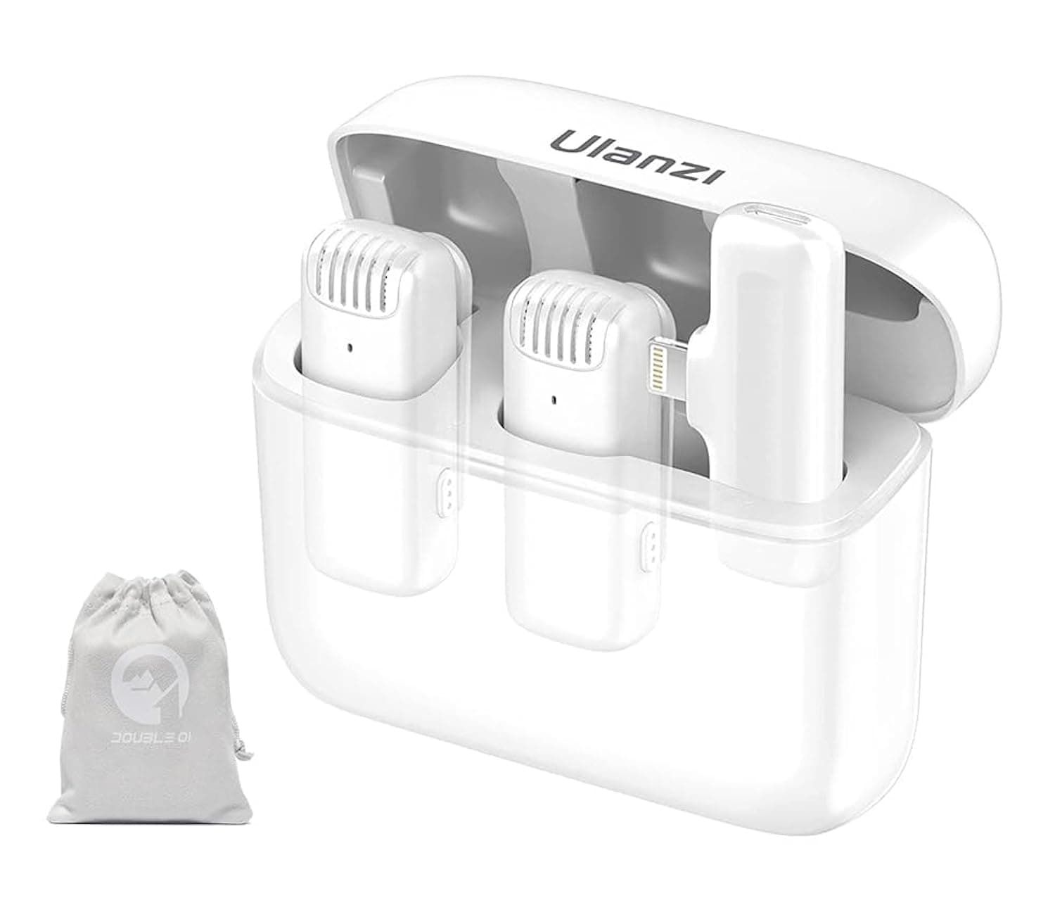 Double O1 ULANZI J12 Wireless Microphone for iPhone iPad | 2-in-1 Plug & Play | Charging Case | 7h Battery | For Real Estate Interview YouTube Vlogging | 20m Range | 1-Yr Warranty | iOS White + Pouch