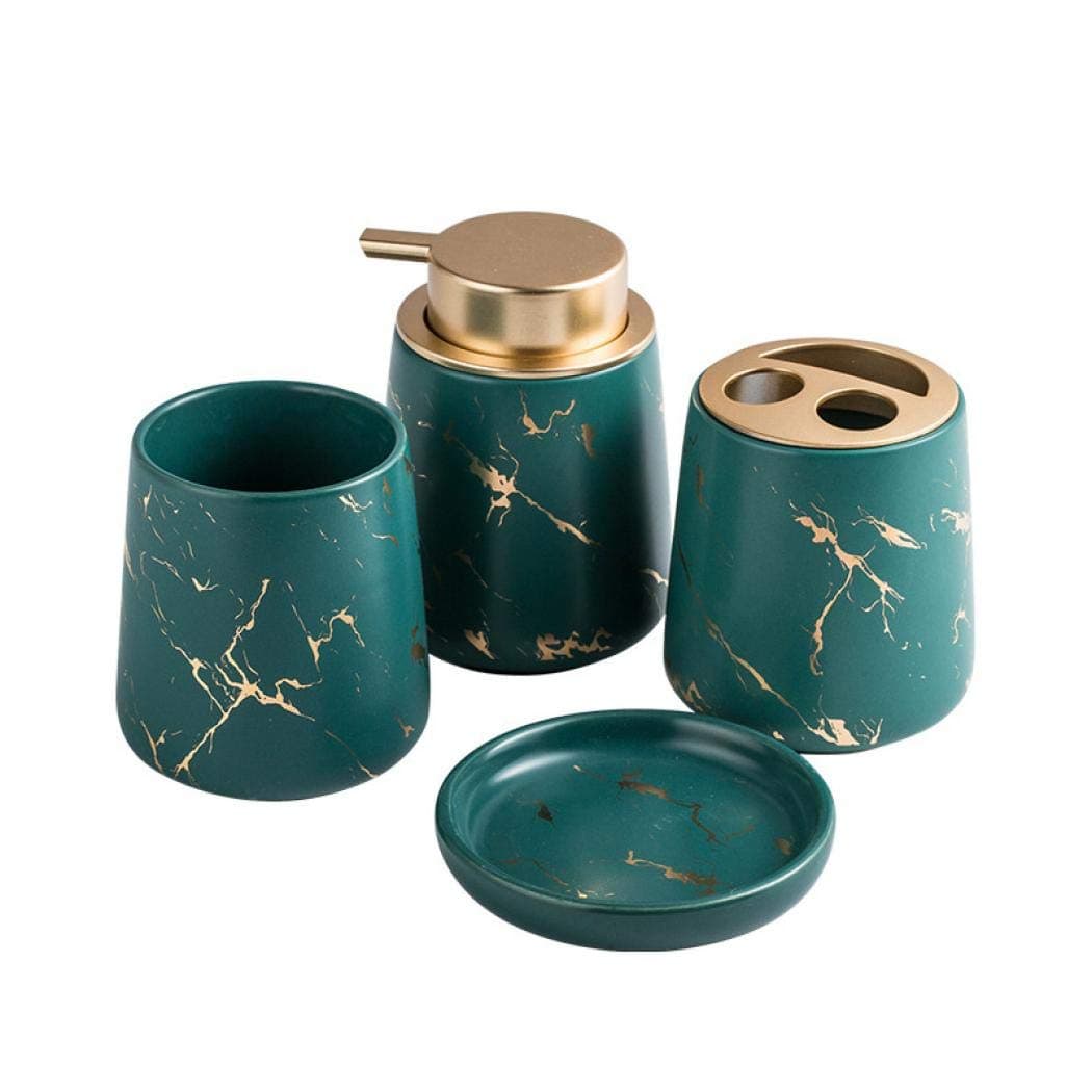 Ceramic Bathroom Accessories Set - 4 Piece Creative Bath Set with Toothbrush Holder, Toothbrush Cup, Soap Dish, Soap Dispenser, Bathroom Counter Accessories Sets(Dark Green)