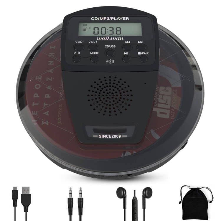 Rechargeable CD Player Portable with Bluetooth,Compact Anti-Skip Shockproof Walkman CD Player with Earphone, Stereo Speakers&LCD Display for Car/Home/Travel (AUX Output)