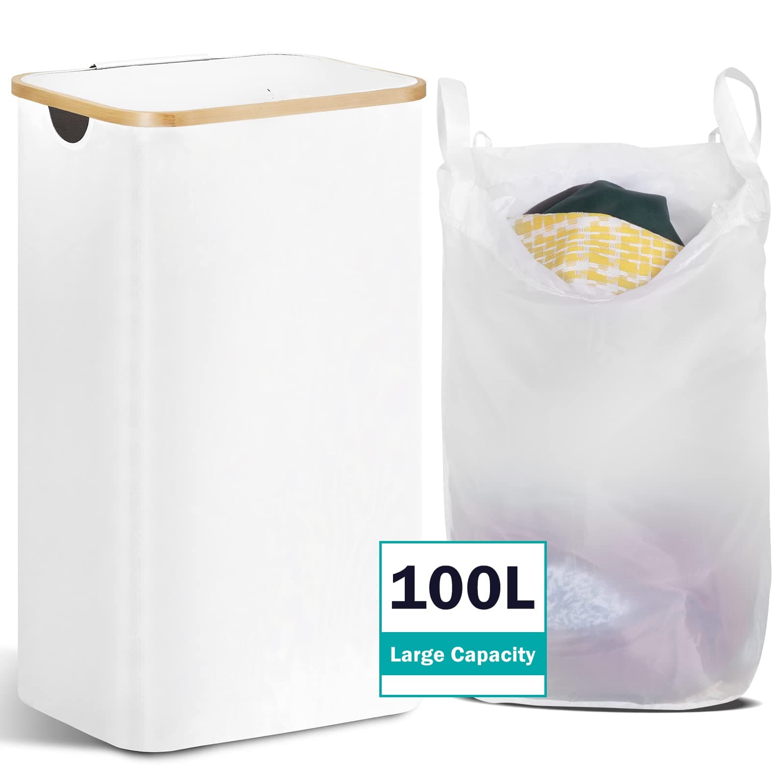 Large Laundry Hamper with Lid by TECHMILLY, 100L Tall Laundry Basket with Bamboo Handles for Clothes and Toys, Collapsible Laundry Basket with Removable Inner Bag for Bedroom and Bathroom, White