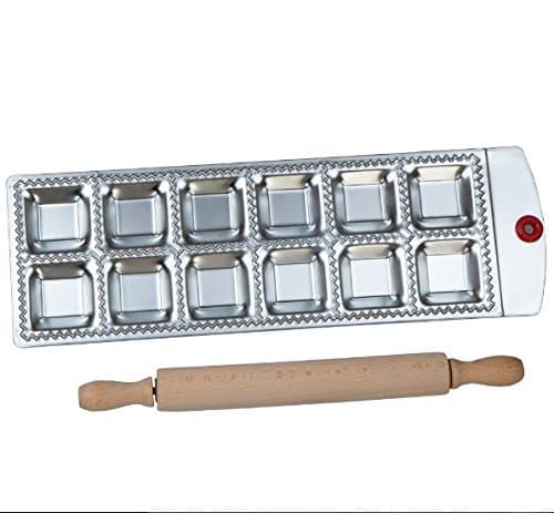 Genetek Kitchen Ravioli Maker Press 2 in x 2 in Aluminum Alloy Makes 12 Perfect Cuts with Mini Wooden Rolling Pin Included. Great for Pasta, Dumpling, Pelmeni, Pierogi, Kreplach, and More!