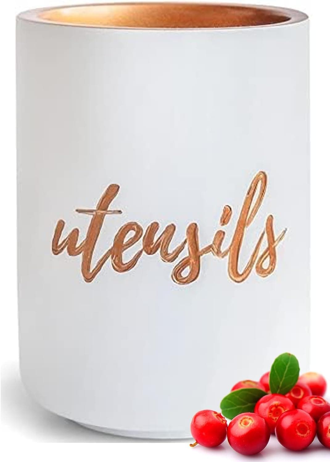 STYLED SETTINGS White Ceramic Utensil Holder with Interior Copper Finish - Large and Sturdy Spatula Holder - Rose Gold Kitchen Accessories, Stylish Countertop Utensil Organizer