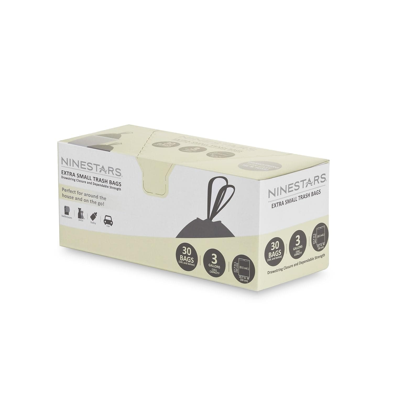 NINESTARS NSTB-3-30 Extra Strong White Trash Bag w/Drawstring Closure, 3 Gal. / 12 L, 30 Count