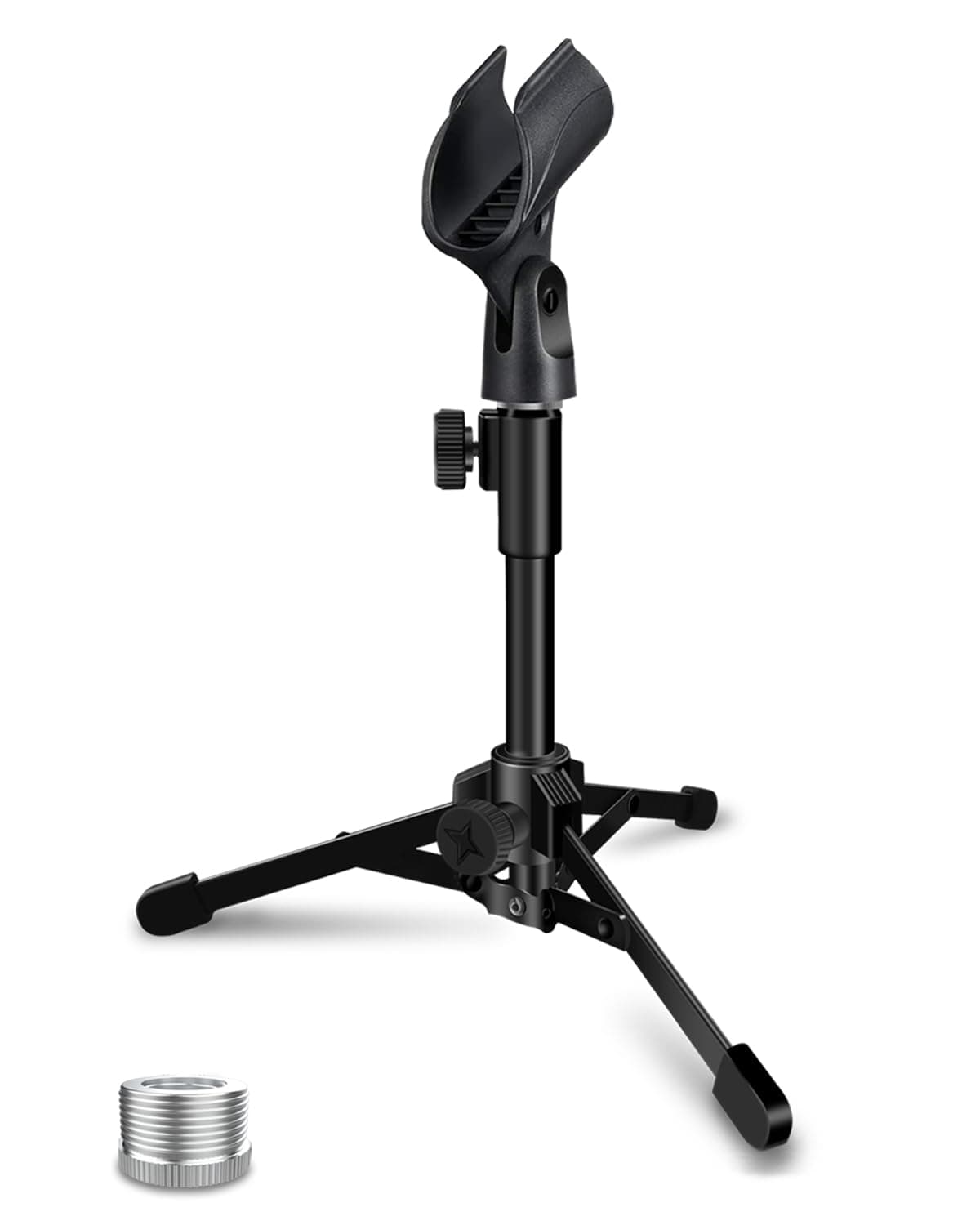 Desktop Mic Stand Portable Foldable Tripod with Mic Clip Holder and 5/8" Male to 3/8" Female Screw Adjustable Microphone Stand.