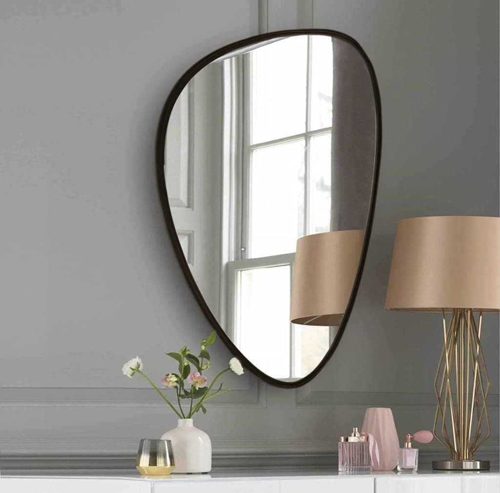 Engineered Wood Asymmetrical Octagonal Wall Mirror with Black Frame-24x17 Inch |Fancy Decorative Mirror for Bathroom, Living Room, Bedroom & Vanity |Stylish & Durable Modern Home Décor