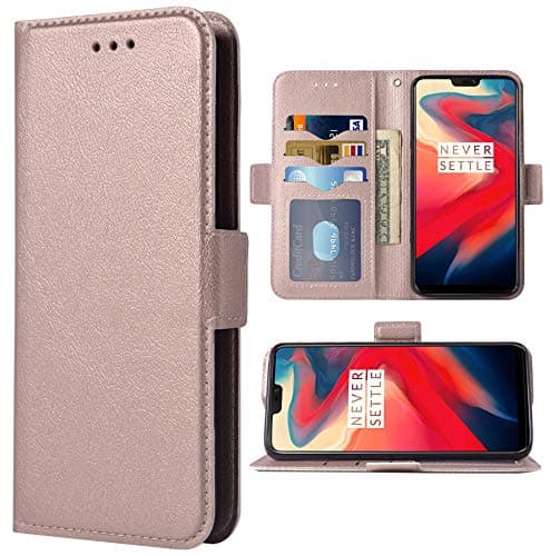 Phone Case for Oneplus 6 Folio Flip Wallet PU Leather Credit Card Holder Slots Heavy Duty Full Body Protection Kickstand Protective Phone Cover for Oneplus6 A6000 A6003 One Plus6 Plus Rose Gold