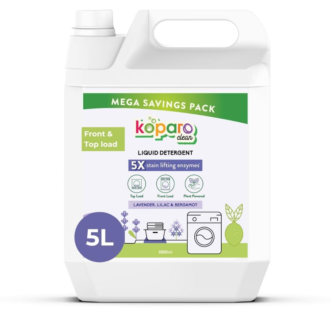 Koparo Liquid Detergent | 5 Litre | Top Load & Front Load Washing Machine Liquid Detergent | Organic Bio-Enzymes Laundry Detergent | Tough on Stains, Safe for Kids & Sensitive Skin | Lavender
