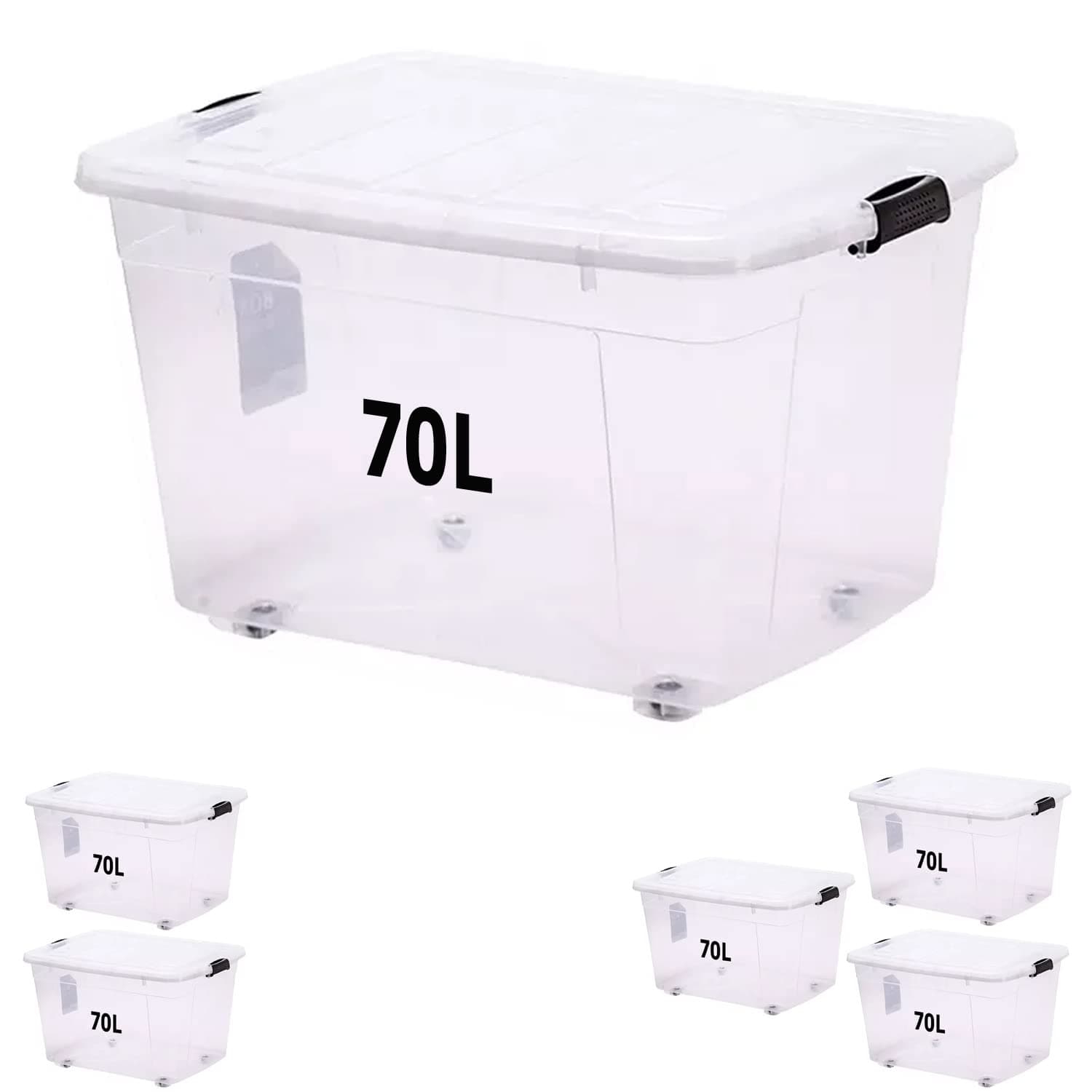 Storage Box 70 L With Lockable Lid & Wheels Clear Plastic Organizer – Transparent Box Storing Clothes, Toys, Tools, Medicine, Office Supplies, Documents, Arts & Crafts, Kitchen Etc.