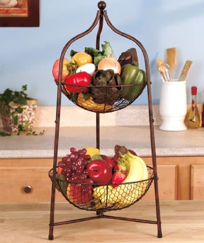 2 Tier Bronzed Metal Scrolled Storage Fruit Basket Kitchen Organizer