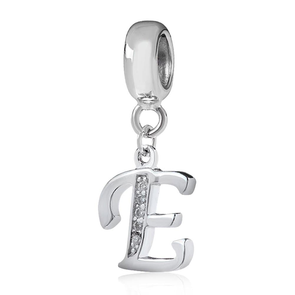 Sambaah Alphabet Charm Letter Beads Solid 925 Sterling Silver with Cubic Stones, Complete A~Z Gift Options fit Pandora European Bracelets(E)