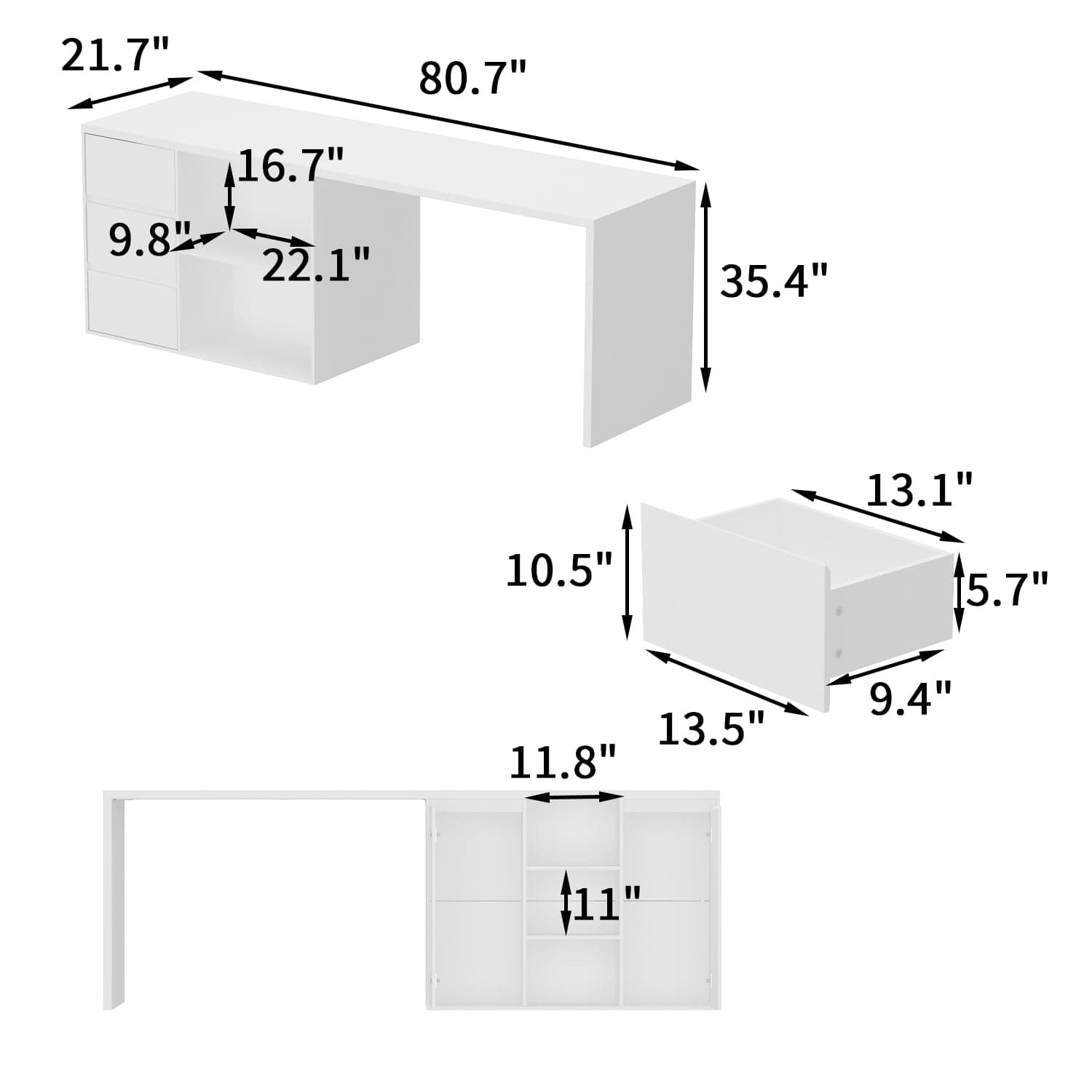 ECACAD 80.7" Kitchen Island with Storage, Wood Kitchen Prep Table White Stationery Storage Cabinet with 3 Drawers, Open Shelves & 2 Cabinets for Dining Room