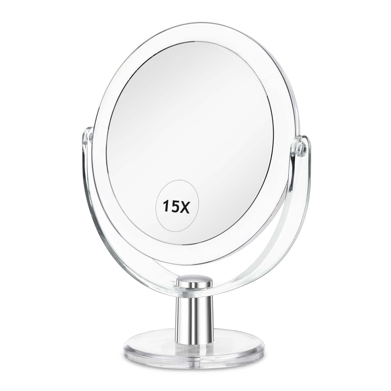 CLSEVXY Vanity Makeup Mirror with Stand, 1X/15X Magnification Double Sided 360 Degree Swivel, Portable Table Desk Counter top Magnifying Mirror, Tabletop Mirror for Bedroom or Dorm Room, 6.25 Inch