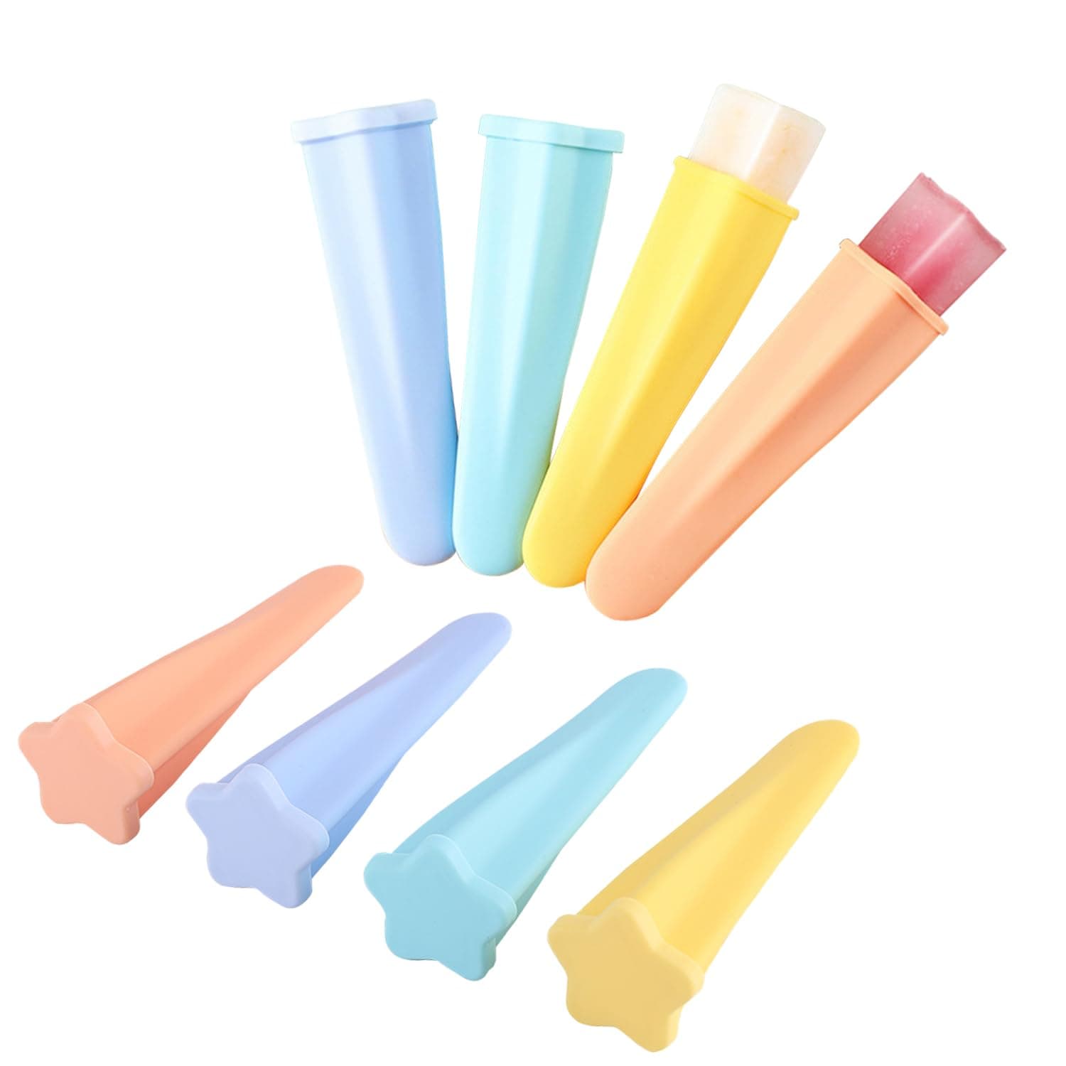 Silicone Ice Pop Molds Popsicles Molds, 8 PCS Reusable Hand Held Popsicles Makers for Kids, Multicolored Star Shaped Ice Pop Molds with Attached Lid for DIY Ice Cream Yogurt Sticks Jelly Chocolate