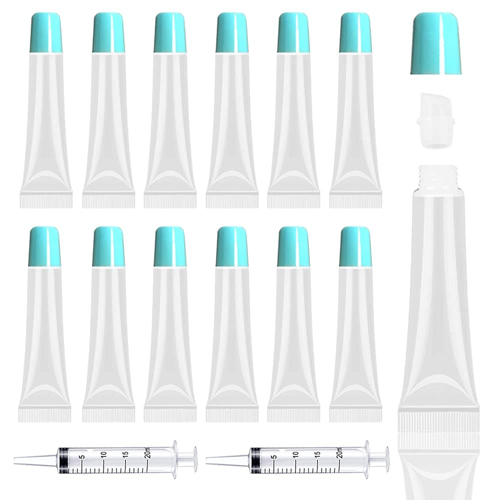 AMORIX 50PCS Blue Lip Gloss Tubes 15ml - Empty Containers for DIY Lip Balm - Refillable Cosmetic Squeeze Tubes + 2 x 20ml Syringes and Labels